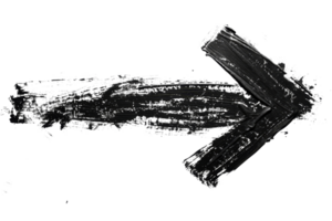 Hand-drawn black arrow with textured brush strokes on a transparent background, pointing to the right. Ideal for web design and presentations. png