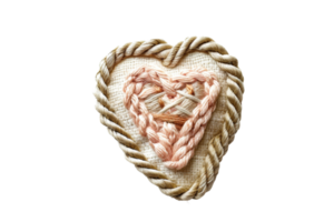 Handcrafted heart with braided details on fabric, showcasing intricate textile art and rustic charm png