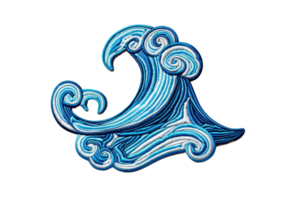 Stylized drawing of a blue wave with intricate swirling patterns, representing ocean and water movement, perfect for design projects. png