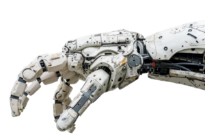 Close-up of a detailed robotic arm. High-tech mechanical hand representing innovation in robotics, artificial intelligence, and advanced engineering. png