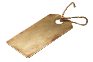 A tag with a hole in the middle is hanging from a rope. The tag is made of metal and has a rough texture png