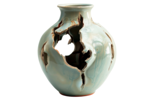 A broken vase with a hole in it. The vase is made of ceramic and has a blue and white color. The broken pieces of the vase are scattered around the hole, giving the impression of a shattered object png