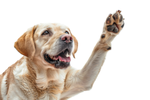 Happy Labrador retriever raising paw. Energetic dog showing playful behavior, isolated on transparent background. png