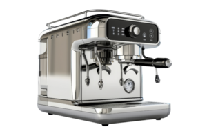 A silver espresso machine with a black handle. The machine has a timer and a dial png