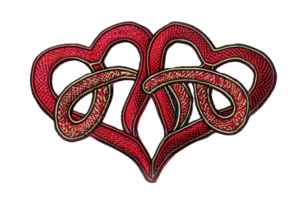 Illustration of two intertwined red hearts with snake-like patterns, representing love, unity, and intricate design. png