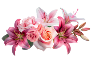 A beautiful bouquet featuring pink lilies and roses, perfect for adding elegance and color to any setting. png