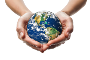 A person is holding a globe in their hands. The globe is blue and white, and it is a representation of the Earth. Concept of responsibility and care for the planet png
