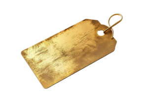 A tag with a gold color and a silver color. The tag is hanging from a chain. The tag is old and has a worn out appearance png