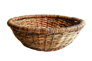 A basket made of straw sits on a white background. The basket is large and has a rustic appearance png