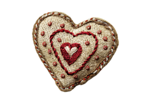Handcrafted fabric heart with detailed embroidery in beige and red tones, perfect for Valentine's Day and romantic decorations. png