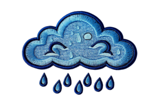 Illustration of a blue cloud raining multiple droplets on a transparent background, representing rainy weather and climate change. png