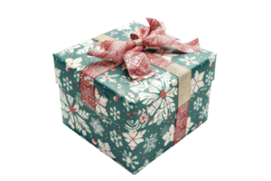 Festive gift box wrapped in green and red paper with snowflake patterns and decorated with a beautiful bow, perfect for Christmas celebrations. png