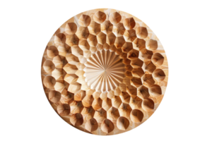 A wooden bowl with a pattern of circles and a star. The bowl is brown and has a rustic feel png