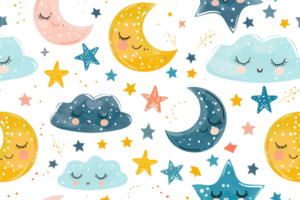 A colorful pattern of stars, clouds, and a crescent moon. The stars are scattered throughout the image, with some larger and some smaller. The clouds are also spread out png