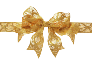 A gold ribbon with a bow is shown in a white background. The ribbon is made of gold lace and has a shiny, glittery appearance. The bow is tied in a way that it looks like it's about to be worn png