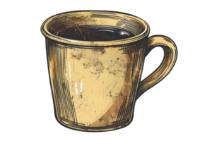 A cup of coffee is sitting on a table. The cup is made of metal and has a handle. The coffee inside the cup is dark and rich in color. The cup is a vintage design, giving it a nostalgic png