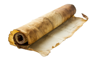 Ancient rolled parchment with aged, weathered texture, open on one side, perfect for historical or vintage themes. png