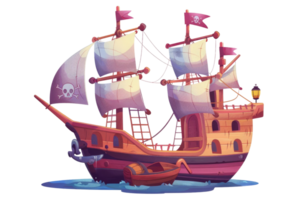 A cartoon drawing of a pirate ship with a skull flag on the mast. The ship is sailing in the ocean with a small boat in the water png