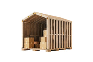 Wooden storage shed filled with cardboard boxes, offering a practical solution for outdoor organization and efficient space utilization. png