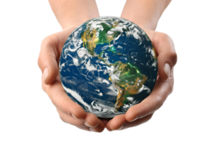 A person is holding a globe in their hands. The globe is blue and white, and it is a representation of the Earth. Concept of wonder and appreciation for the planet we live on png