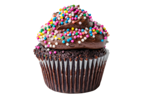 Delicious chocolate cupcake with rich frosting topped with colorful sprinkles, perfect for dessert and celebration themes. png