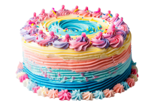 Colorful frosted cake with rainbow icing and decorative swirls, perfect for celebrations and parties. Ideal for festive and joyful occasions. png