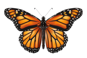 Close-up of a vibrant Monarch butterfly with detailed orange and black wings, isolated against a transparent background. png