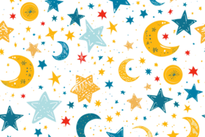 A colorful star and moon pattern with a lot of stars. The stars are in different sizes and colors, and the moon is in the middle of the pattern. Scene is playful and whimsical png