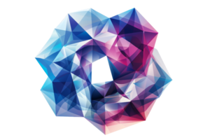 Geometric abstract design with vibrant colors, blending shades of blue and pink, creating a unique polygonal pattern in a circular form. png
