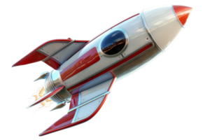 Illustration of a retro-style rocket ship with red and white coloring, blasting off into space. Perfect for creative and sci-fi themed projects. png