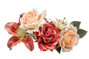 Stunning floral arrangement featuring artificial roses and lilies in delicate, soft colors, perfect for home decor or special events. png