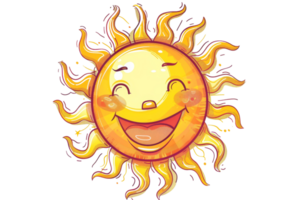 Cheerful cartoon sun with smiling face and vibrant rays, isolated on transparent background. Perfect for summer and bright, happy themes. png