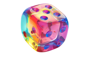 Colorful transparent dice with reflections and shadows, isolated on transparent background. Vibrant hues and translucent design. png
