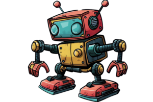Colorful cartoon robot with antennas and mechanical arms, standing against a transparent background. Ideal for tech and sci-fi themed projects. png