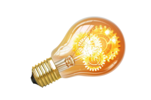 Illuminated light bulb with intricate gears inside, symbolizing innovation, creativity, and technology in a bright, glowing design. png