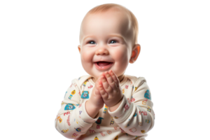 froh Baby lächelnd und klatschen Hände, tragen bunt Strampler mit spielerisch Muster. bezaubernd Ausdruck und glücklich Moment gefangen schön. png
