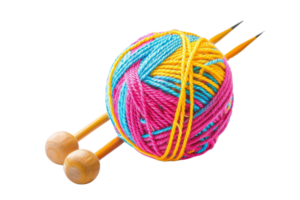 Colorful ball of yarn with knitting needles isolated on transparent background. Perfect for crafting, knitting, and crochet projects. png