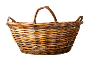 A basket made of wicker sits on a white background. The basket is large and has a handle. The basket is empty and he is old png