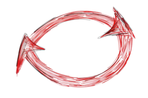 Hand-drawn red circular arrow illustration, indicating rotation or cycle concept, isolated on transparent background. png