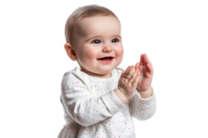 Adorable baby in a white outfit clapping hands and smiling happily. Isolated on a transparent background. perfect for family or parenting themes. png