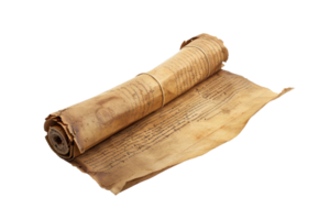 Ancient parchment scroll rolled with visible text, isolated on transparent background. representing history, literature, and vintage manuscripts. png