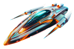 A futuristic space ship with a blue and orange design. The ship is flying through space with a sense of adventure and excitement png