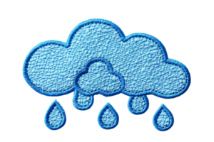 Embroidery design of a blue cloud with raindrops, perfect for weather-themed projects or apparel. High-resolution isolated on a transparent background. png