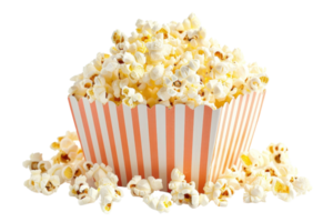 A close-up of a striped popcorn box filled with freshly popped popcorn, perfect for movie nights, parties, and snacks. png