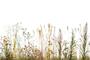 A variety of wild grasses and plants in a natural setting, showcasing diverse textures and colors against a transparent background. png