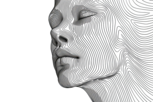 Abstract black and white 3D wireframe of a serene human face, emphasizing curves and contours of facial features. png