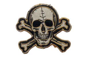 High-quality skull and crossbones patch, perfect for jackets or bags, featuring intricate detailing and bold design, great for style and customization. png