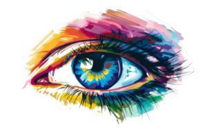 A colorful eye with long lashes. The eye is surrounded by a white background. The colors of the eye are vibrant and eye-catching png