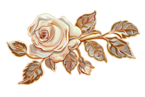 A white rose with a gold leaf is the main focus of the image. The rose is surrounded by a leaf, which is also gold in color. Scene is elegant and sophisticated, as the gold accents on the rose png