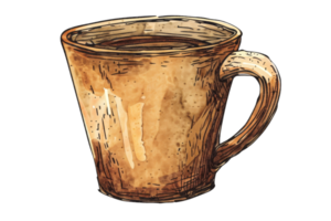 A cup with a handle is drawn in brown and white. The cup is filled with coffee png